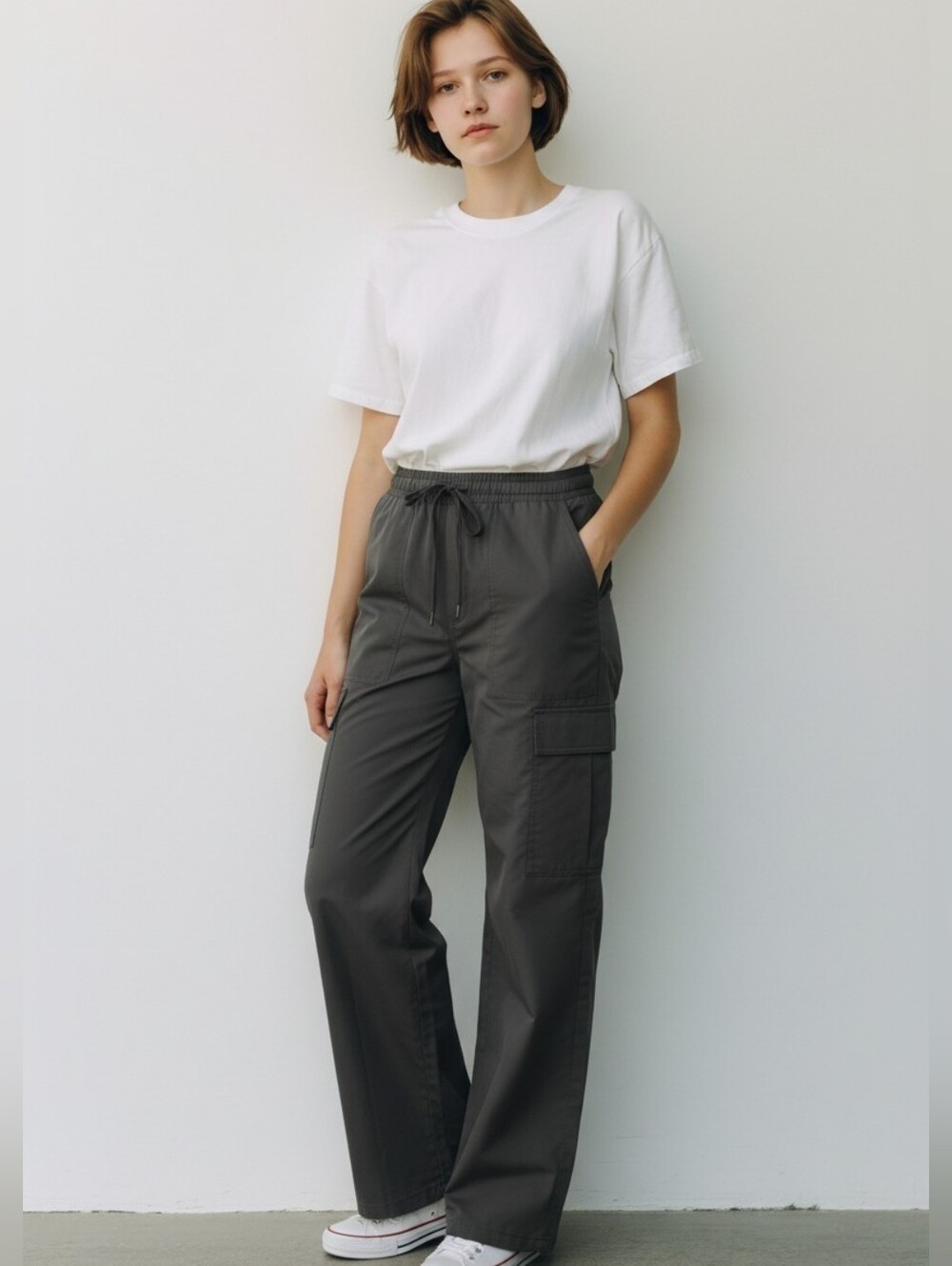 Pewter Cargo Pants Pullon Drawstring Pockets Sz. L Petite